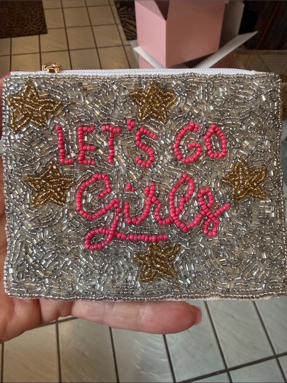 Beaded 'Let's Go Girls' Pink & Silver coin/card pouch